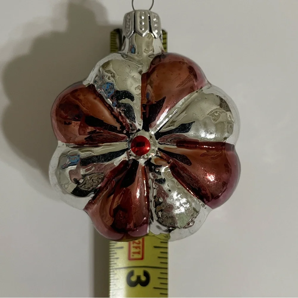 Vintage Set/10 mcm hand blown mercury glass silver red flower ornaments